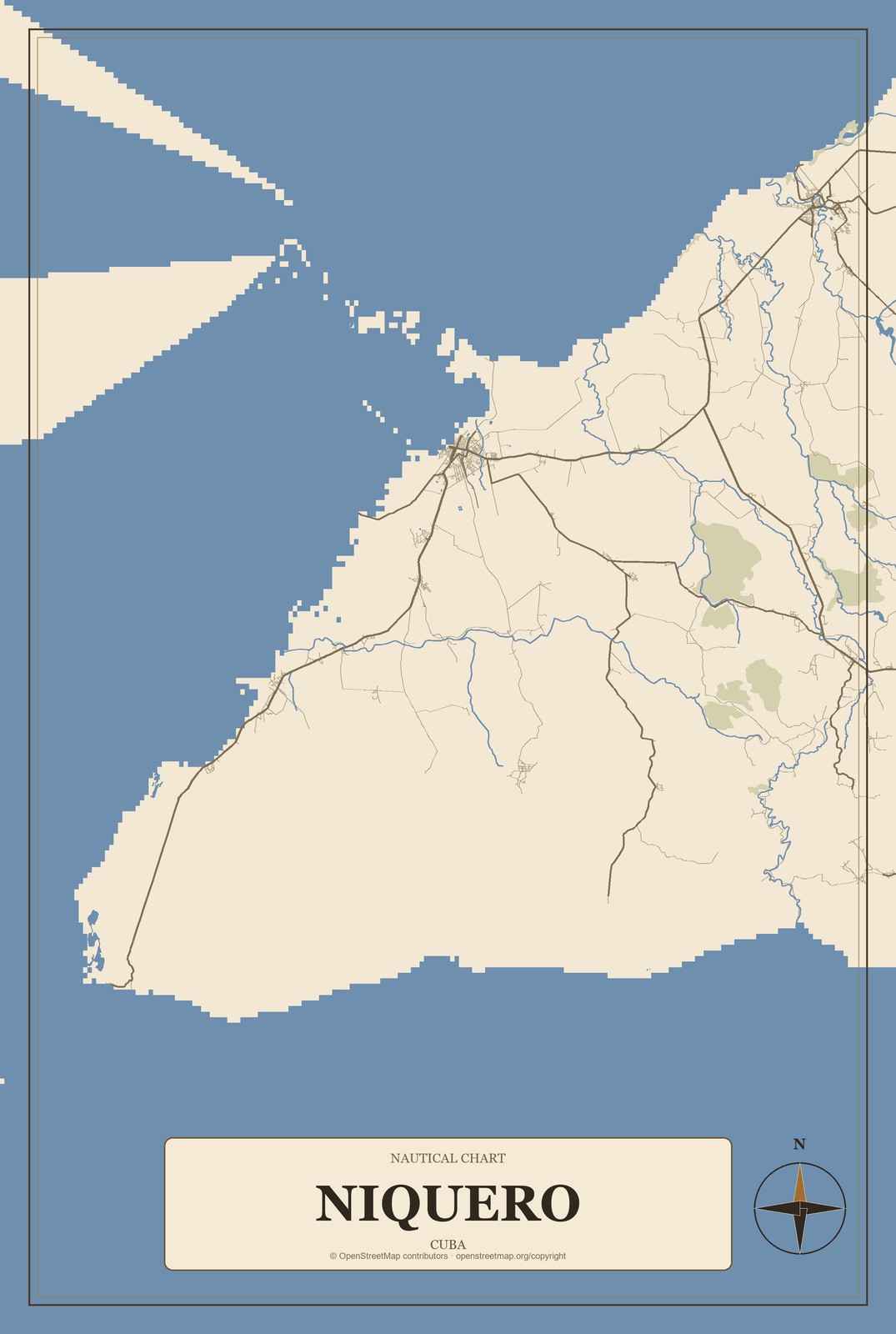 Niquero, Cuba City Map Aluminum Sign in Heritage Nautical style