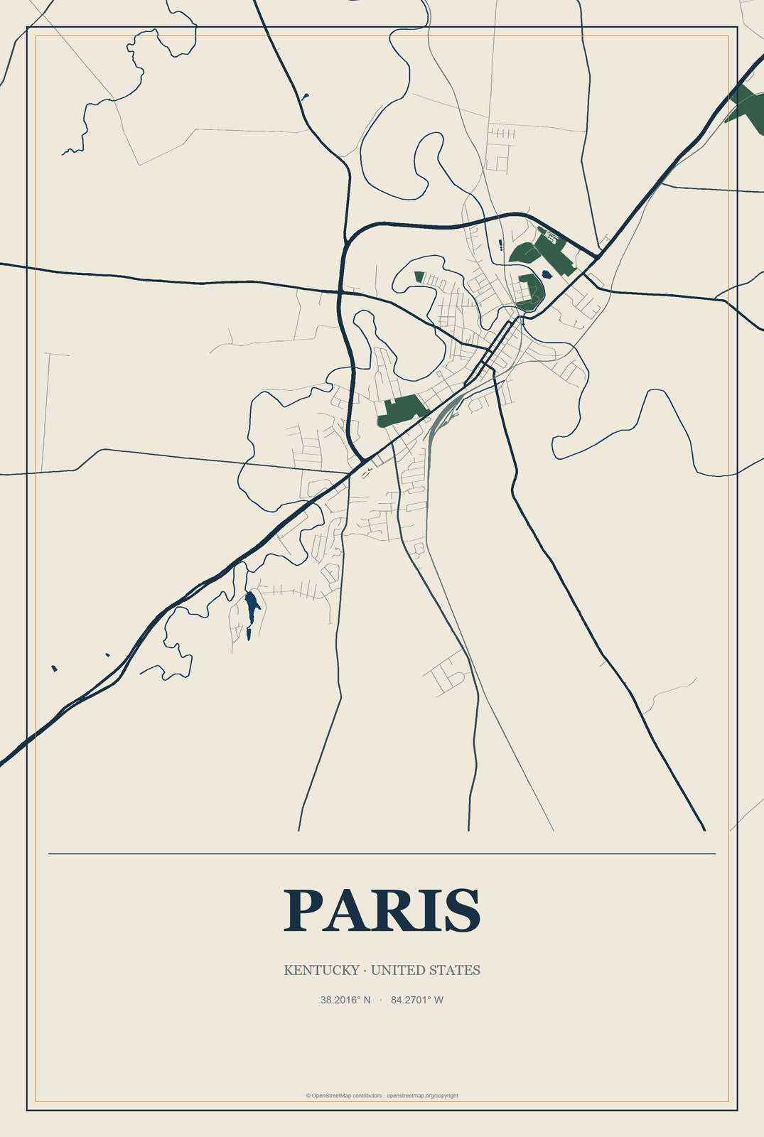 Paris, Kentucky City Map Aluminum Sign in Coastal Cutout style