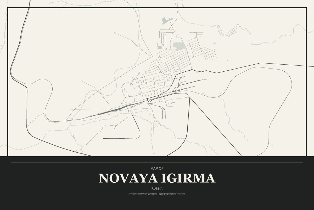 Novaya Igirma, Russia City Map Aluminum Sign in Museum Plaque style