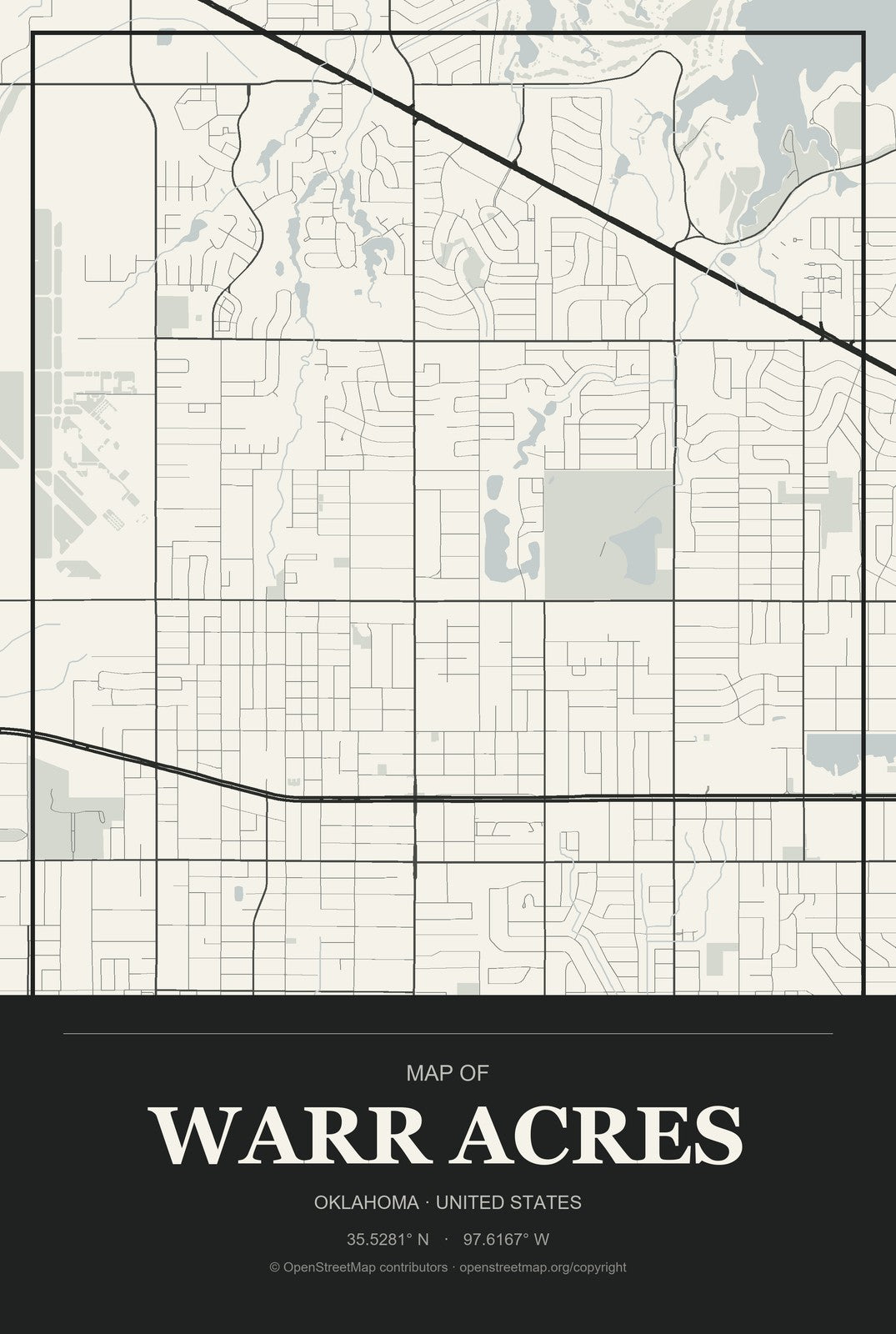 Warr Acres, Oklahoma City Map Aluminum Sign in Museum Plaque style