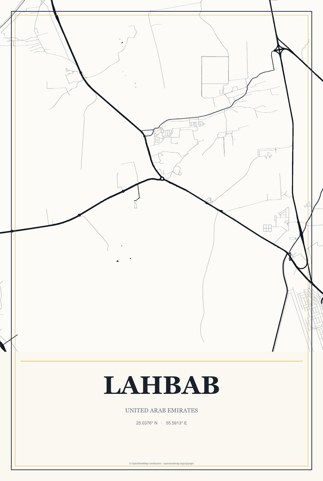 Lahbab, United Arab Emirates City Map Aluminum Sign in Citrine Modern style