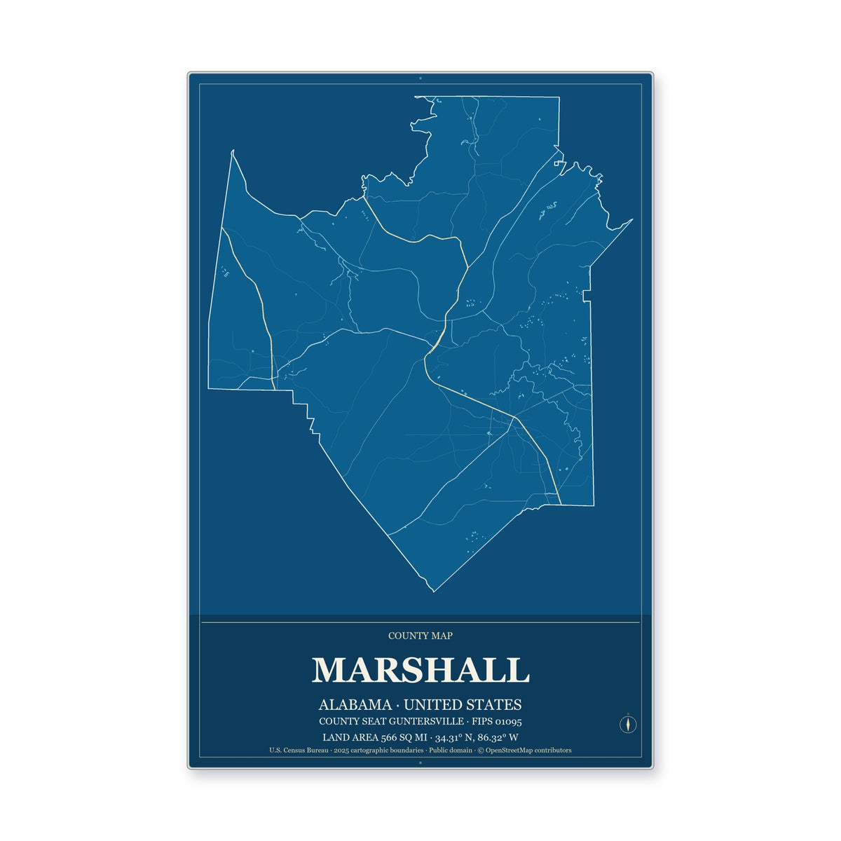 Marshall County, Alabama Map Aluminum Sign in Harbor Cobalt style