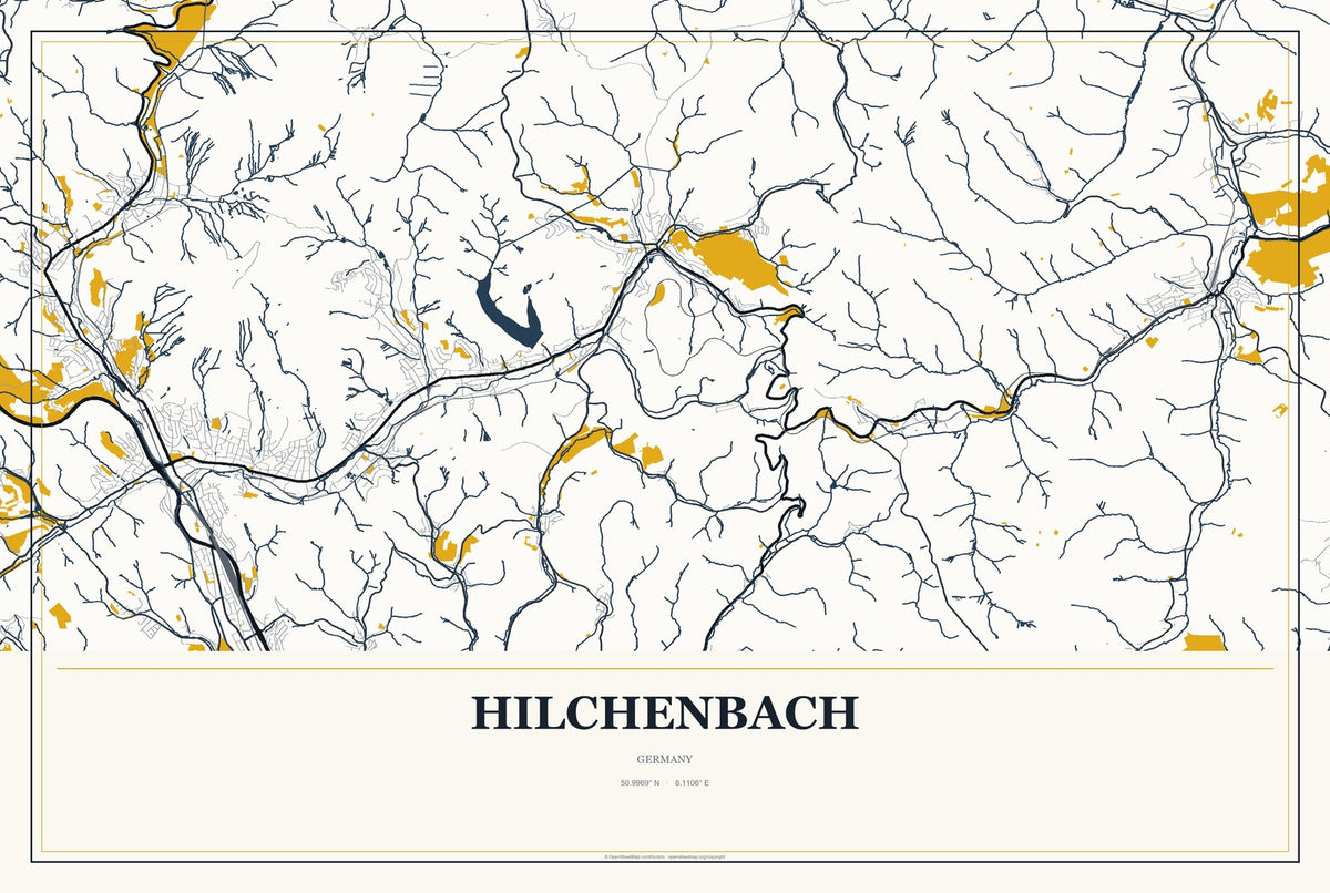 Hilchenbach, Germany City Map Aluminum Sign in Citrine Modern style
