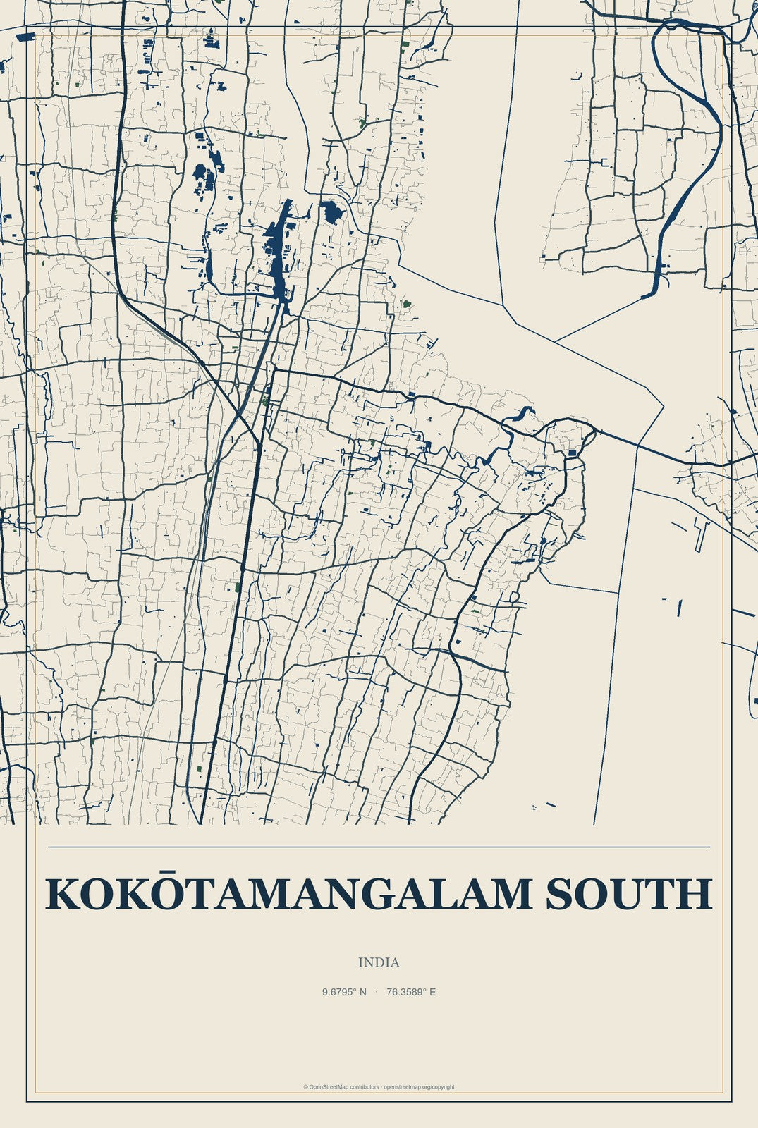 Kokōtamangalam South, India City Map Aluminum Sign in Coastal Cutout style