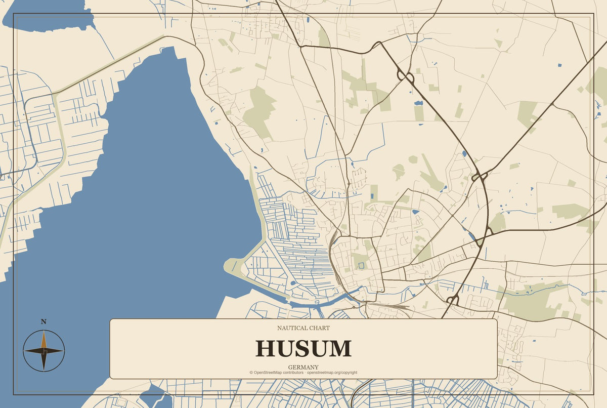 Husum, Germany City Map Aluminum Sign in Heritage Nautical style
