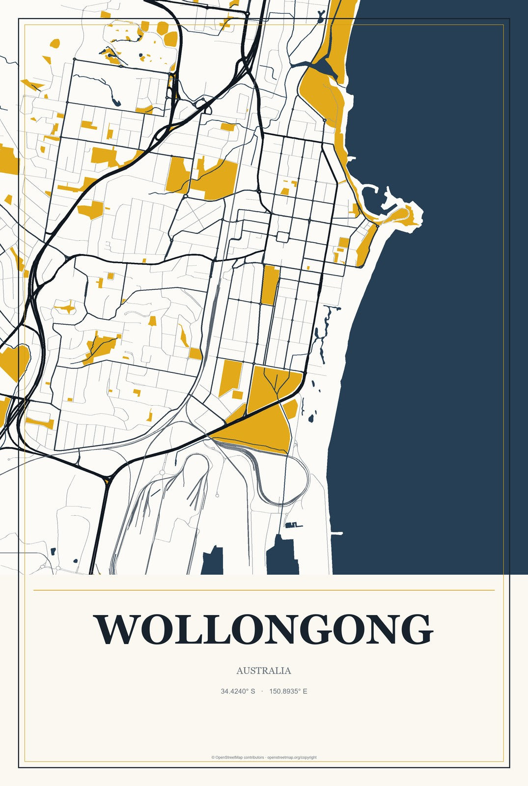 Wollongong, Australia City Map Aluminum Sign in Citrine Modern style