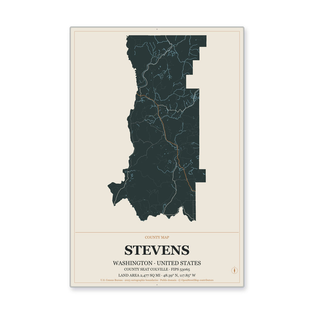 Stevens County, Washington Map Aluminum Sign in Headline Atlas style