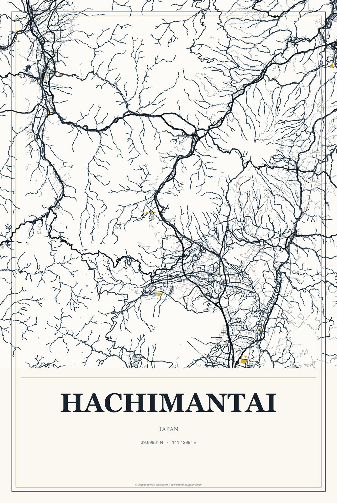 Hachimantai, Japan City Map Aluminum Sign in Citrine Modern style