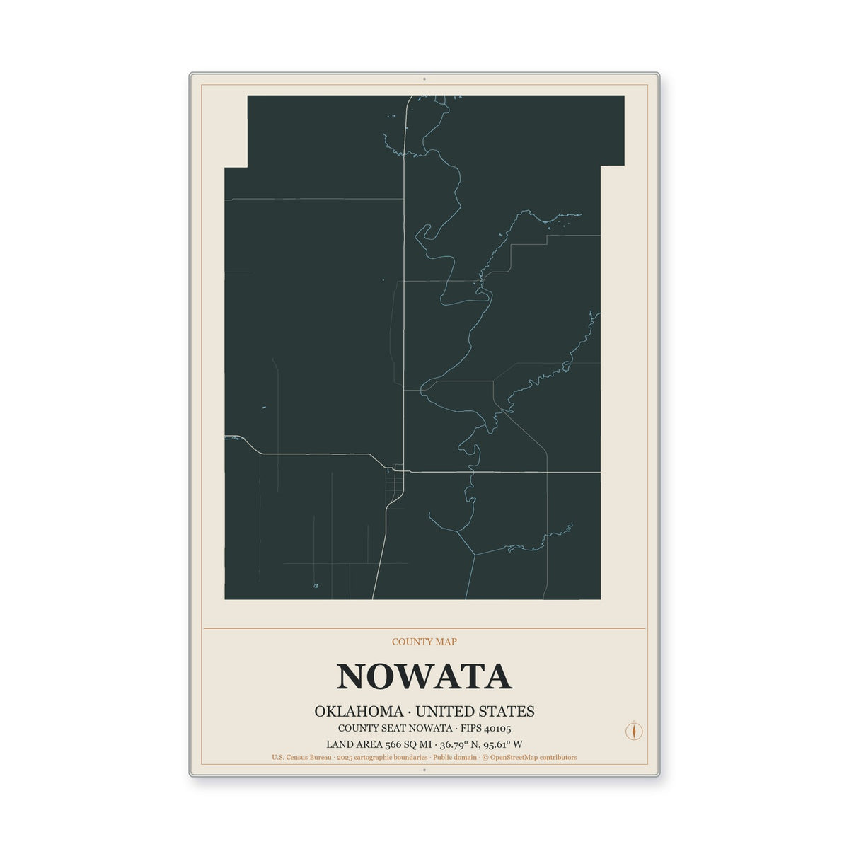 Nowata County, Oklahoma Map Aluminum Sign in Headline Atlas style