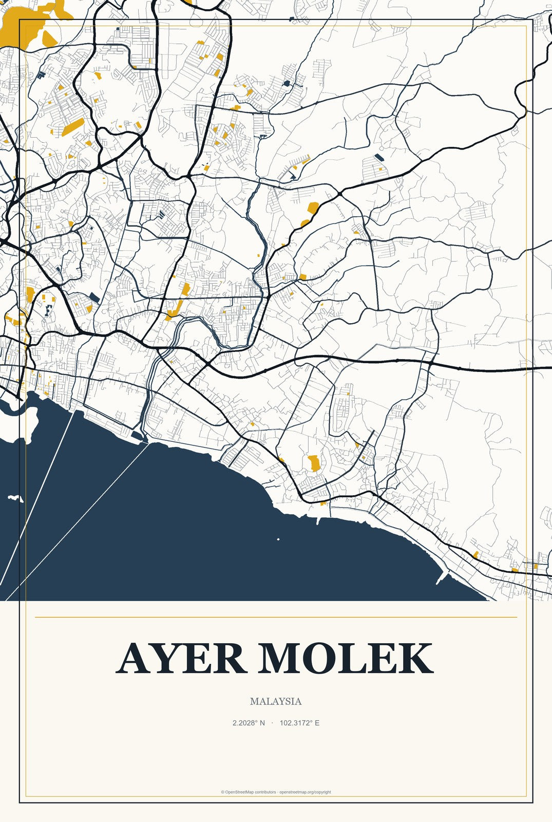 Ayer Molek, Malaysia City Map Aluminum Sign in Citrine Modern style