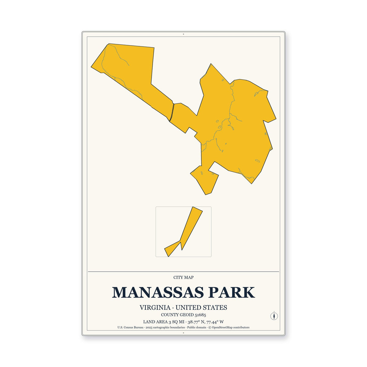 Manassas Park city, Virginia Map Aluminum Sign in Citrine Modern style