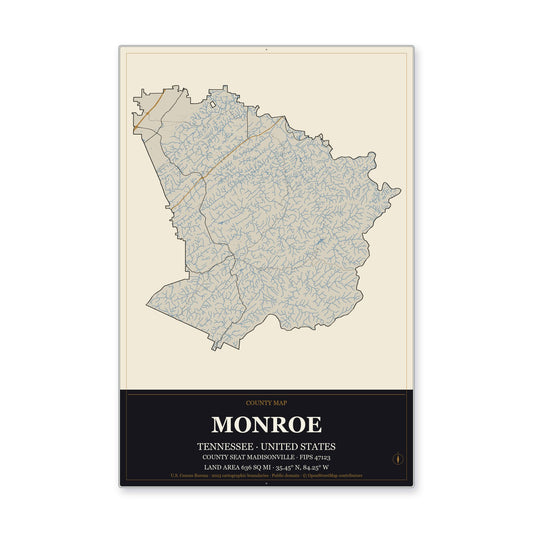 Monroe County, Tennessee Map Aluminum Sign in Museum Plaque style