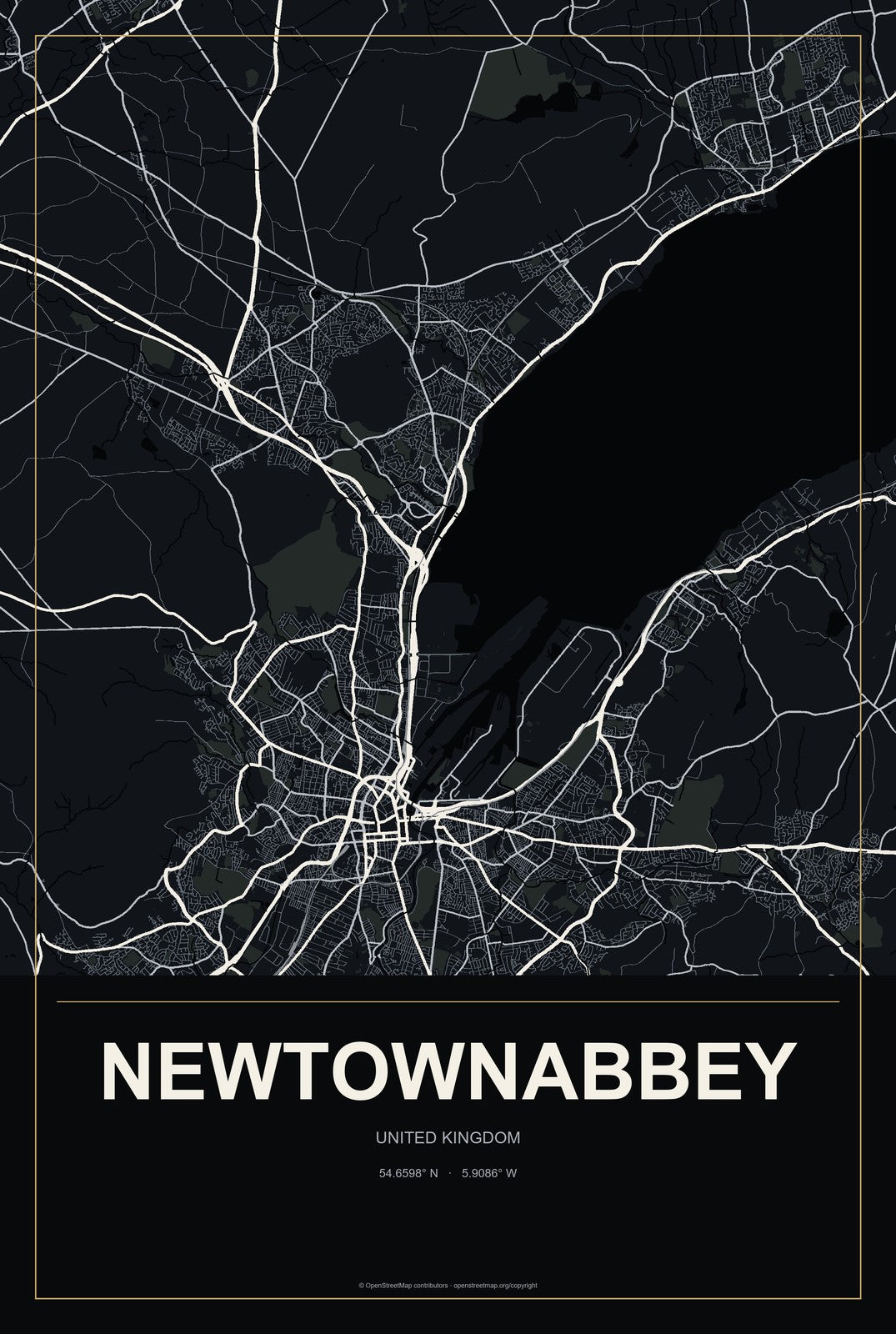 Newtownabbey, United Kingdom City Map Aluminum Sign in Metropolitan Noir style