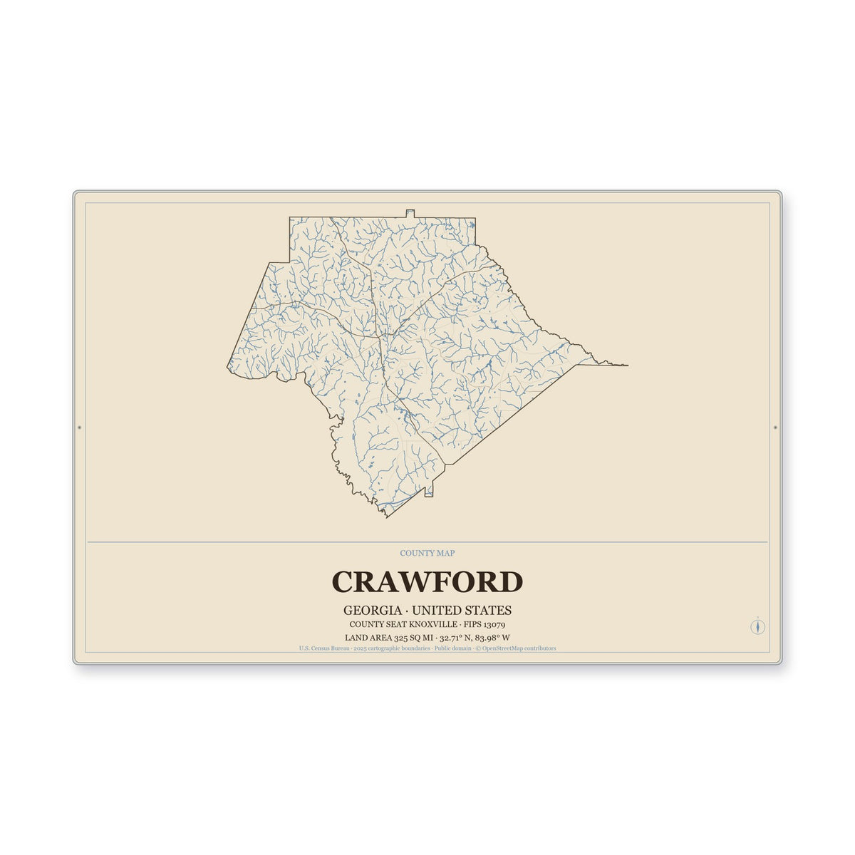 Crawford County, Georgia Map Aluminum Sign in Heritage Nautical style
