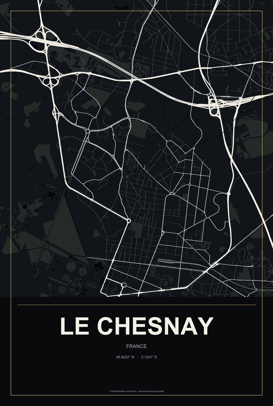 Le Chesnay, France City Map Aluminum Sign in Metropolitan Noir style