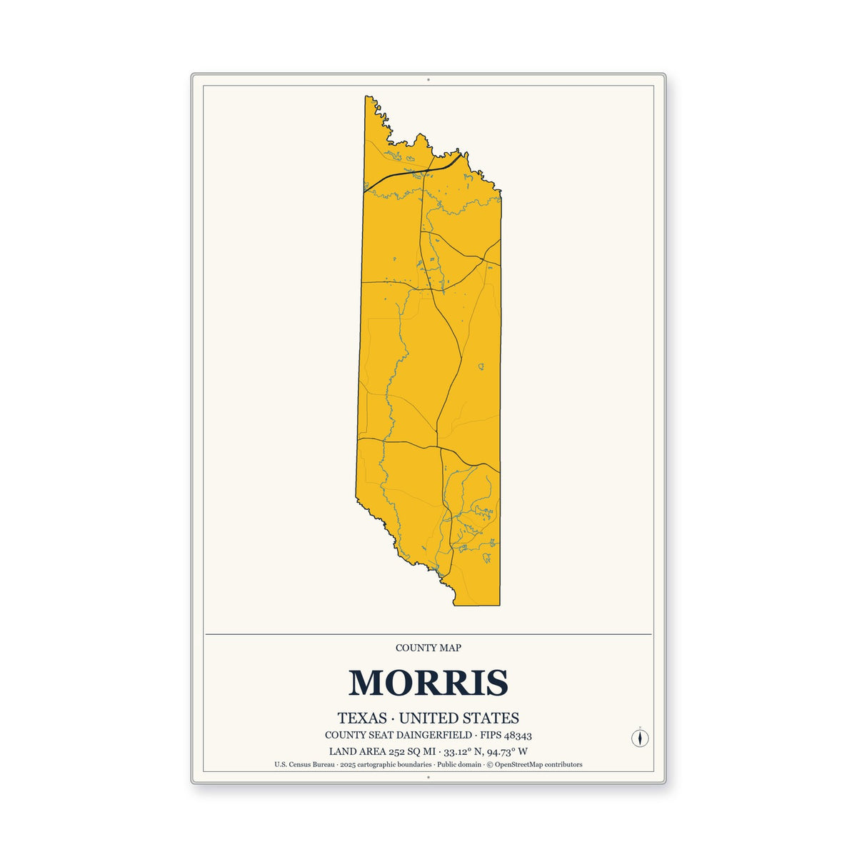 Morris County, Texas Map Aluminum Sign in Citrine Modern style