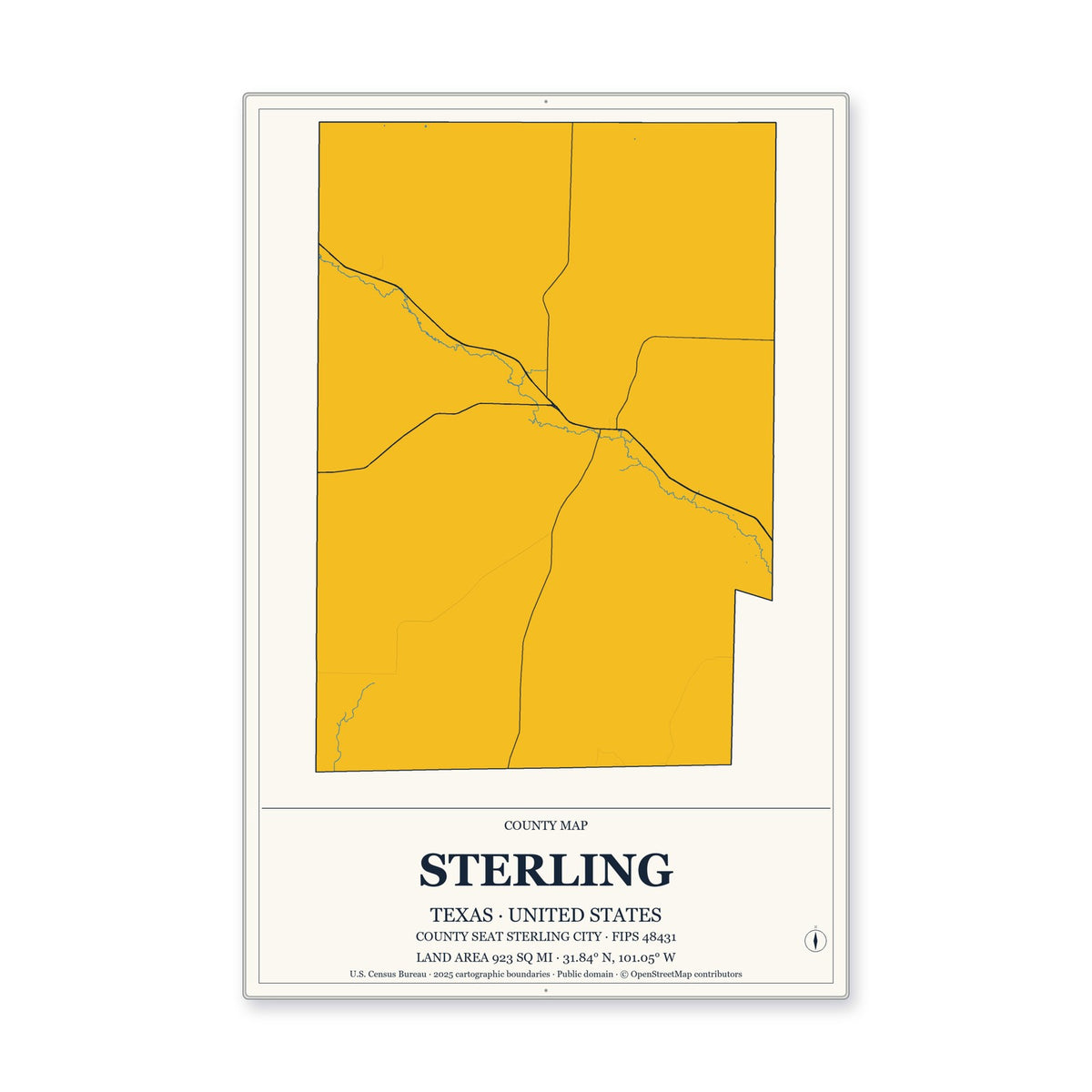Sterling County, Texas Map Aluminum Sign in Citrine Modern style