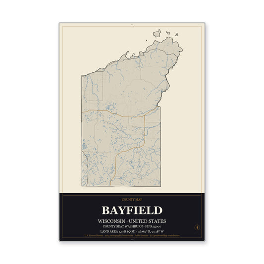 Bayfield County, Wisconsin Map Aluminum Sign in Museum Plaque style