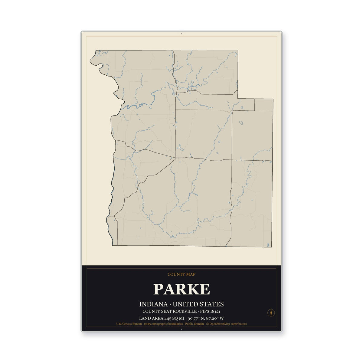 Parke County, Indiana Map Aluminum Sign in Museum Plaque style