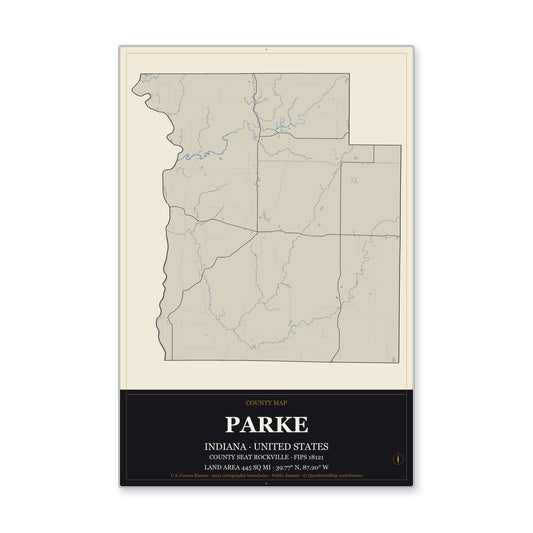 Parke County, Indiana Map Aluminum Sign in Museum Plaque style