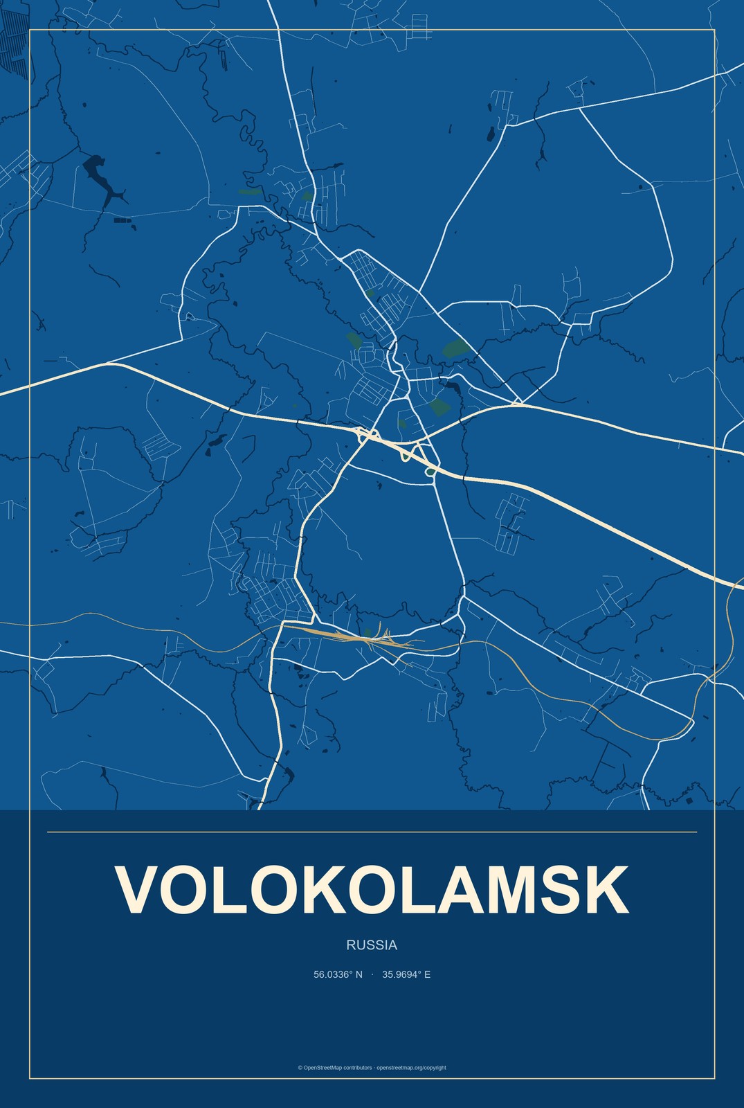 Volokolamsk, Russia City Map Aluminum Sign in Harbor Cobalt style