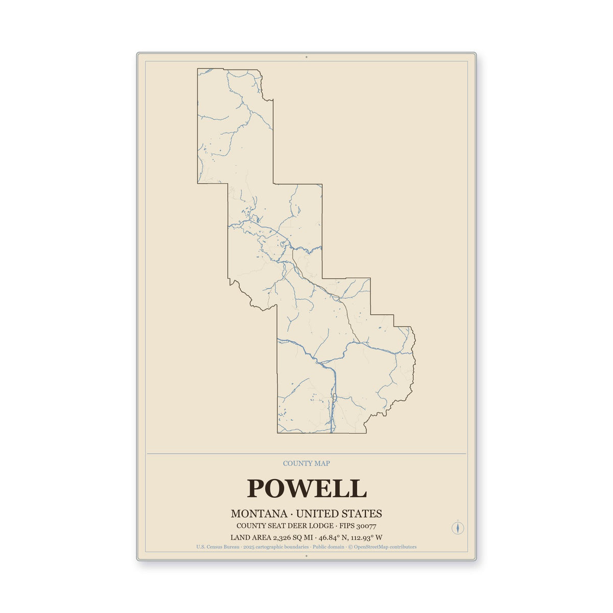Powell County, Montana Map Aluminum Sign in Heritage Nautical style