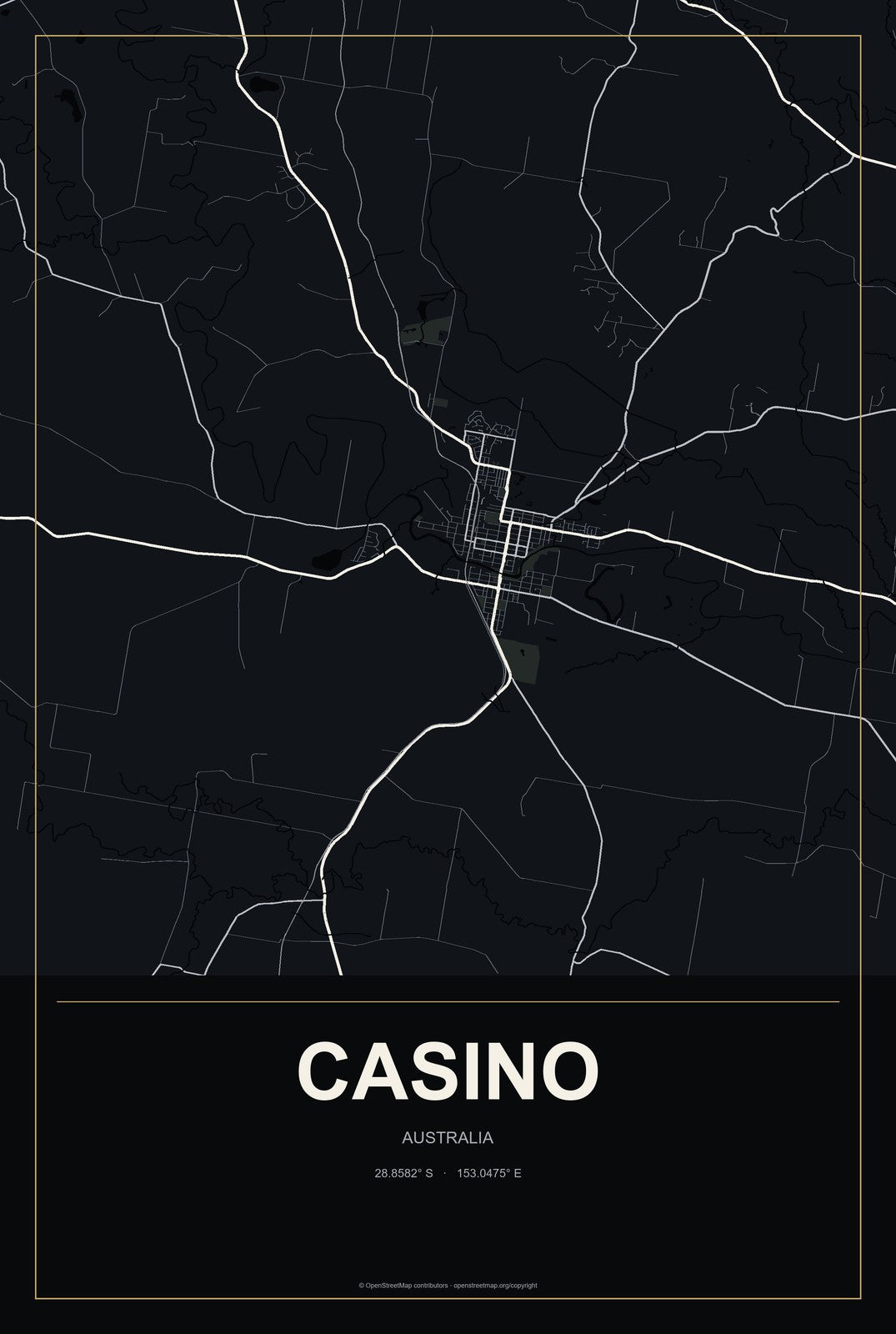 Casino, Australia City Map Aluminum Sign in Metropolitan Noir style