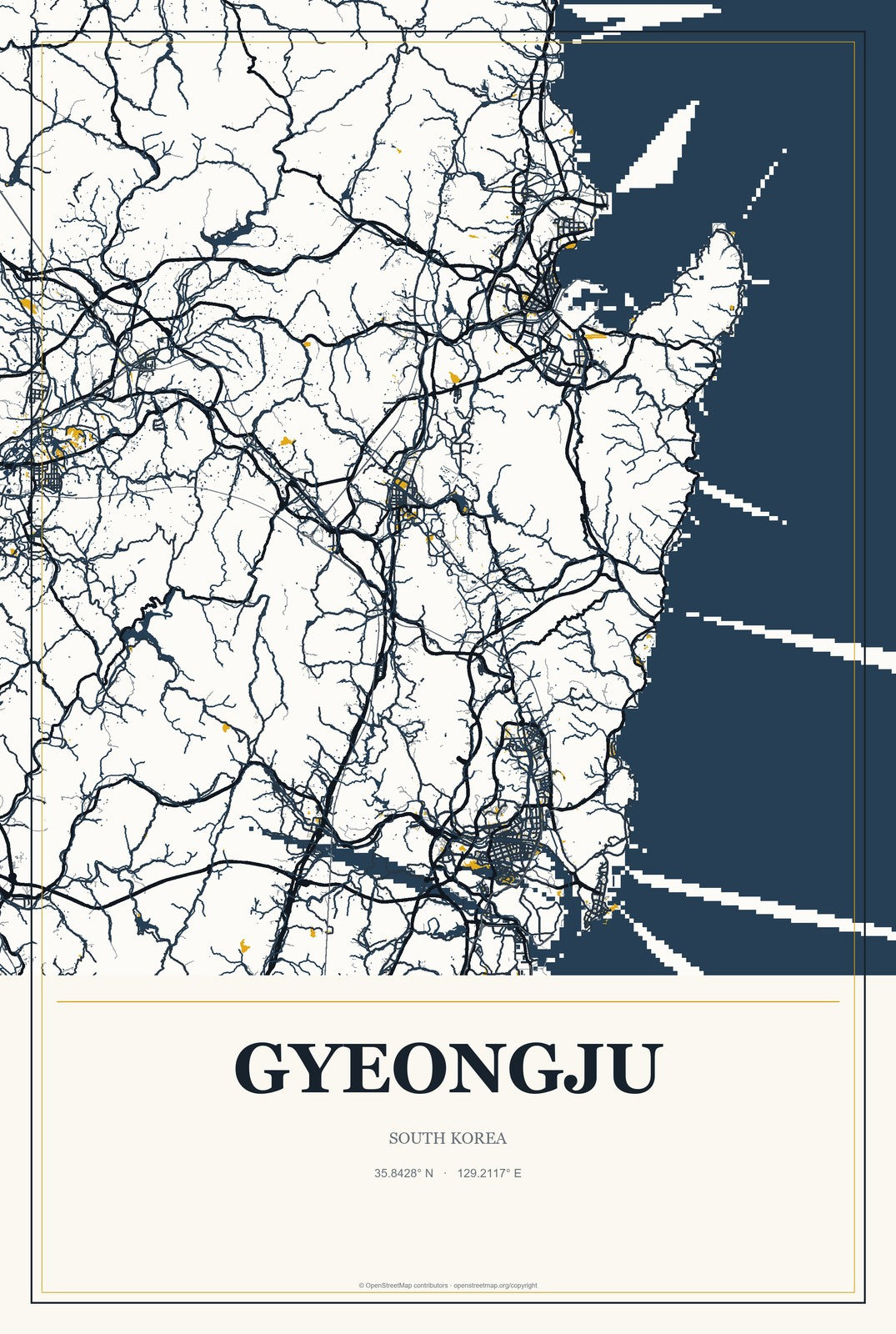 Gyeongju, South Korea City Map Aluminum Sign in Citrine Modern style