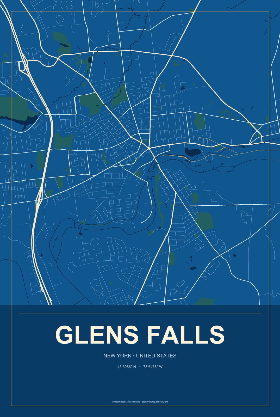 Glens Falls, New York City Map Aluminum Sign in Harbor Cobalt style