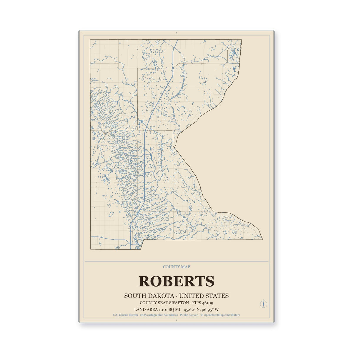 Roberts County, South Dakota Map Aluminum Sign in Heritage Nautical style