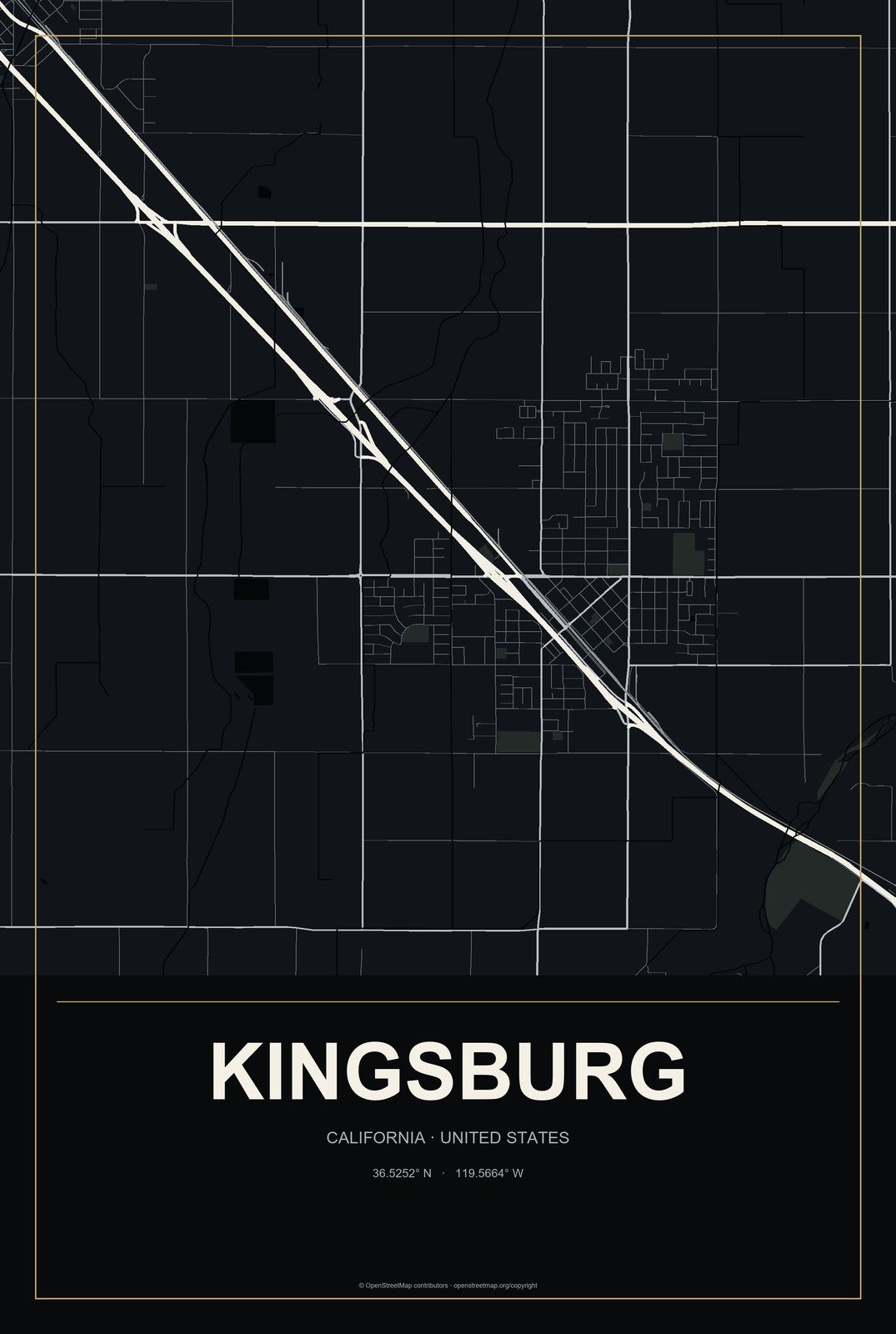 Kingsburg, California City Map Aluminum Sign in Metropolitan Noir style