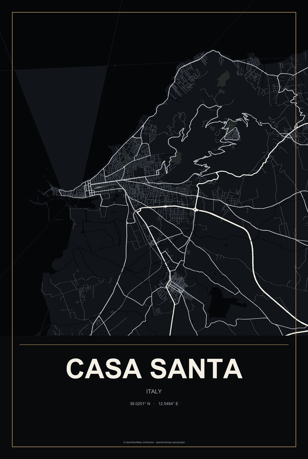 Casa Santa, Italy City Map Aluminum Sign in Metropolitan Noir style