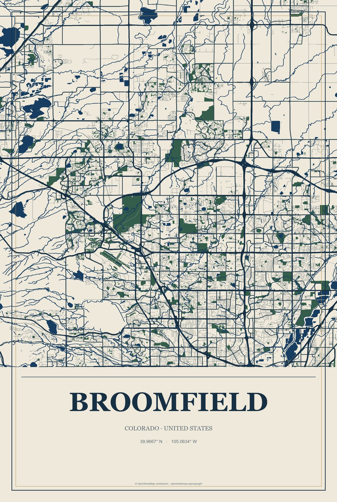 Broomfield, Colorado City Map Aluminum Sign in Coastal Cutout style