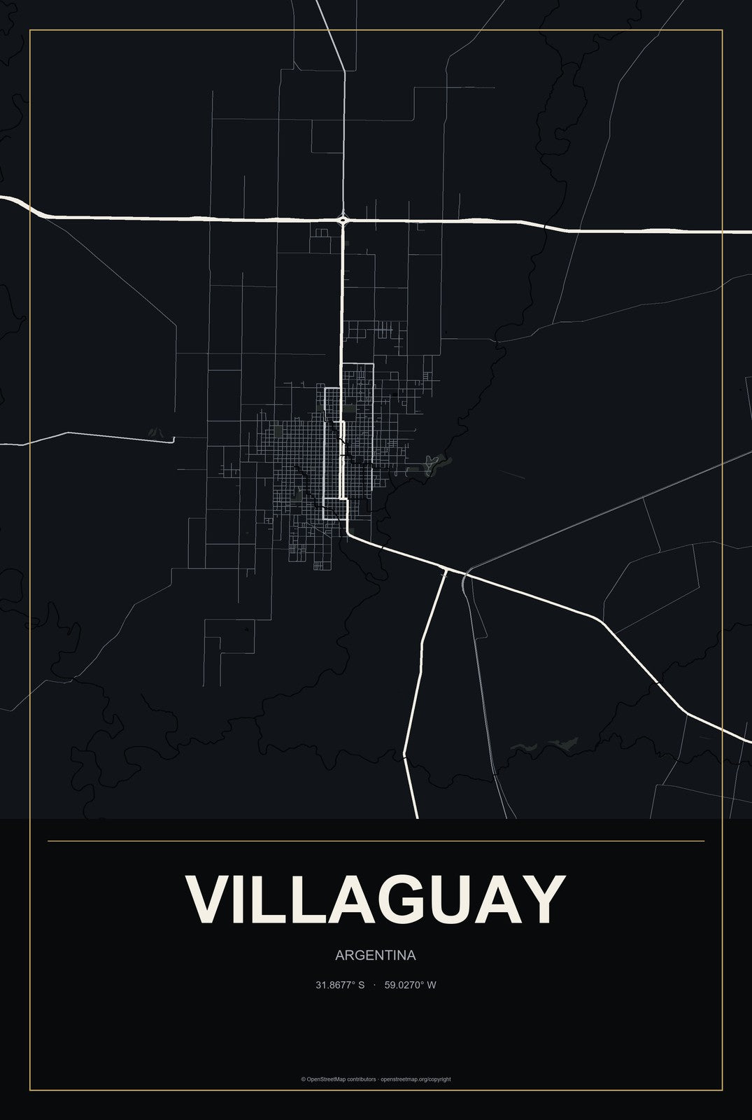 Villaguay, Argentina City Map Aluminum Sign in Metropolitan Noir style