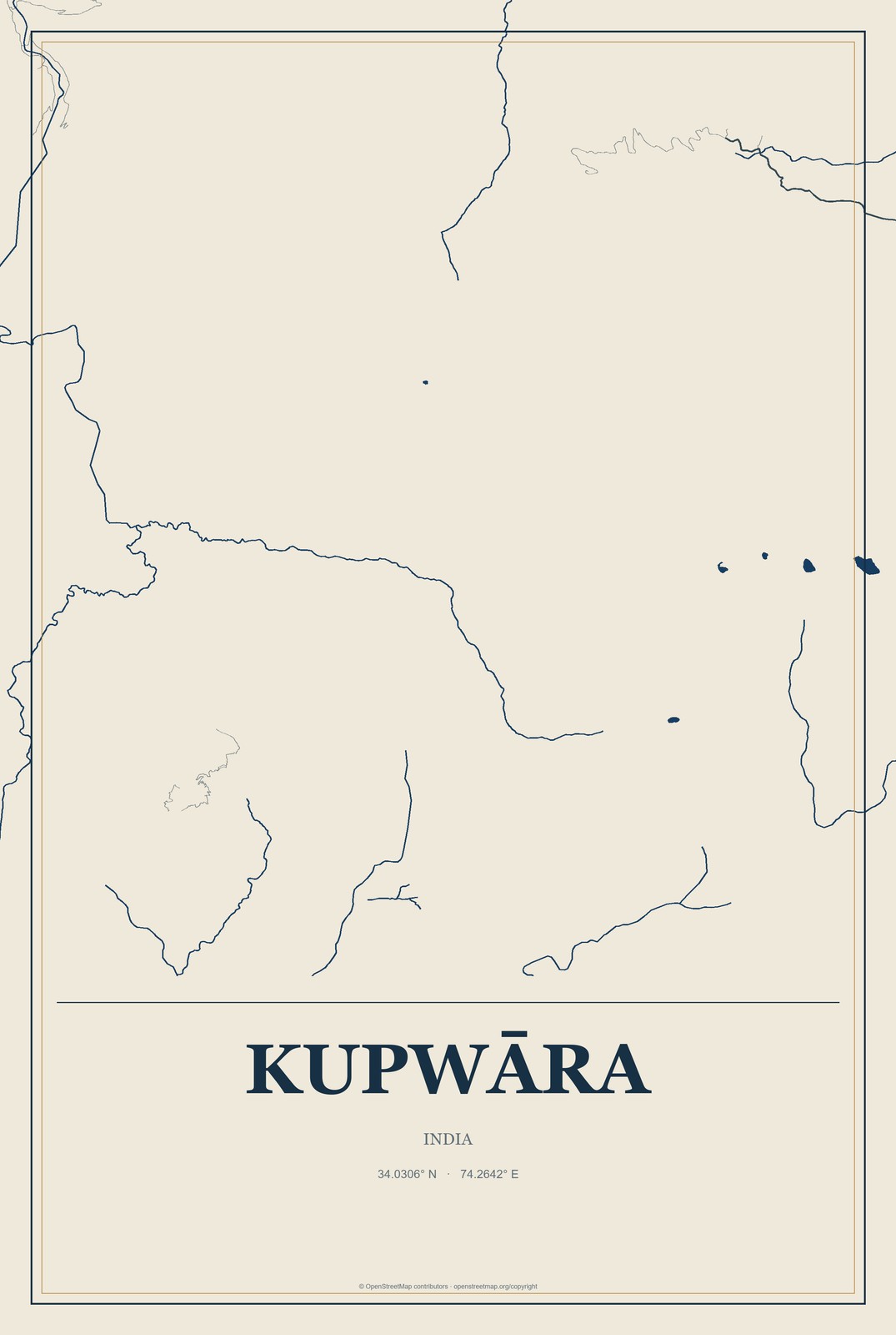 Kupwāra, India City Map Aluminum Sign in Coastal Cutout style