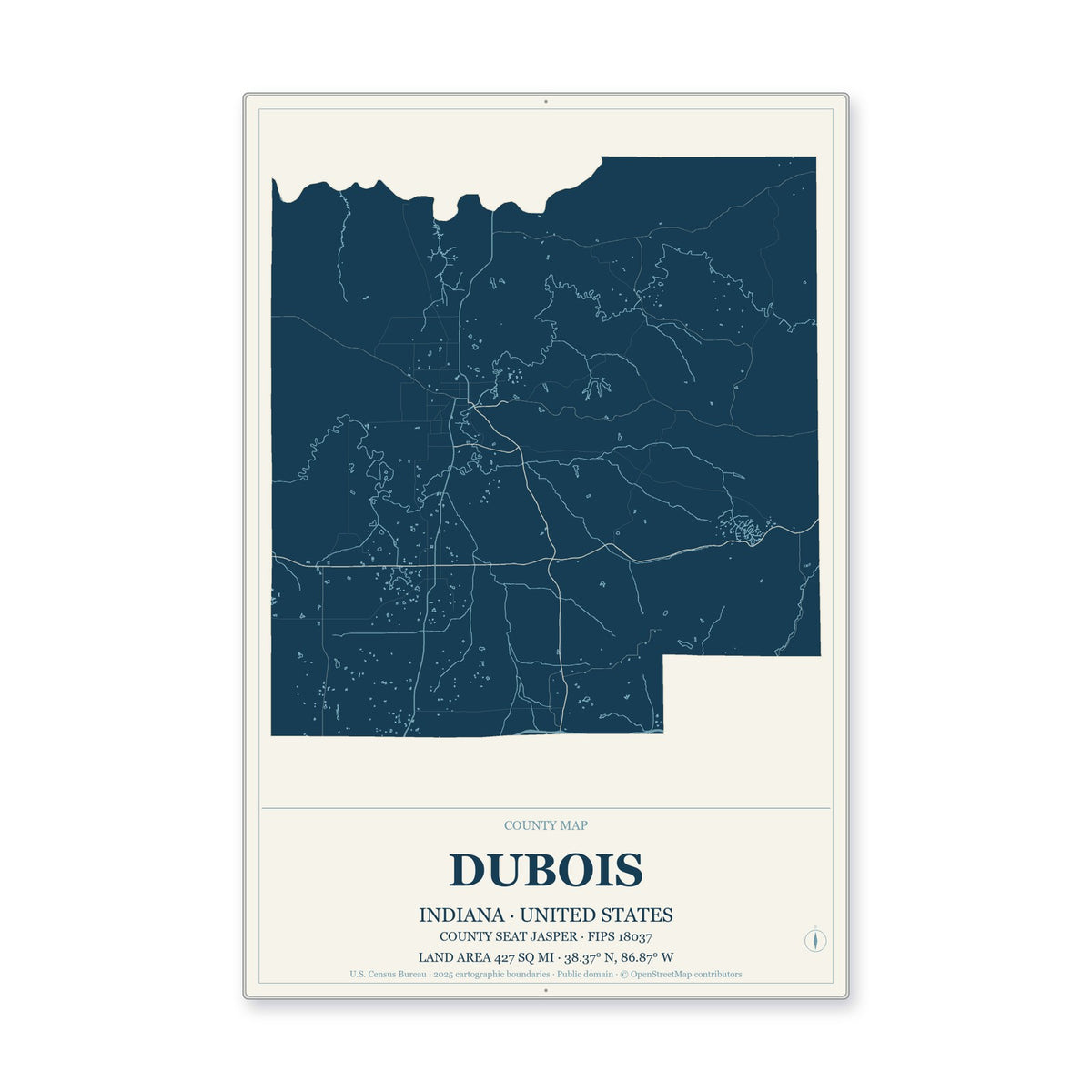 Dubois County, Indiana Map Aluminum Sign in Coastal Cutout style