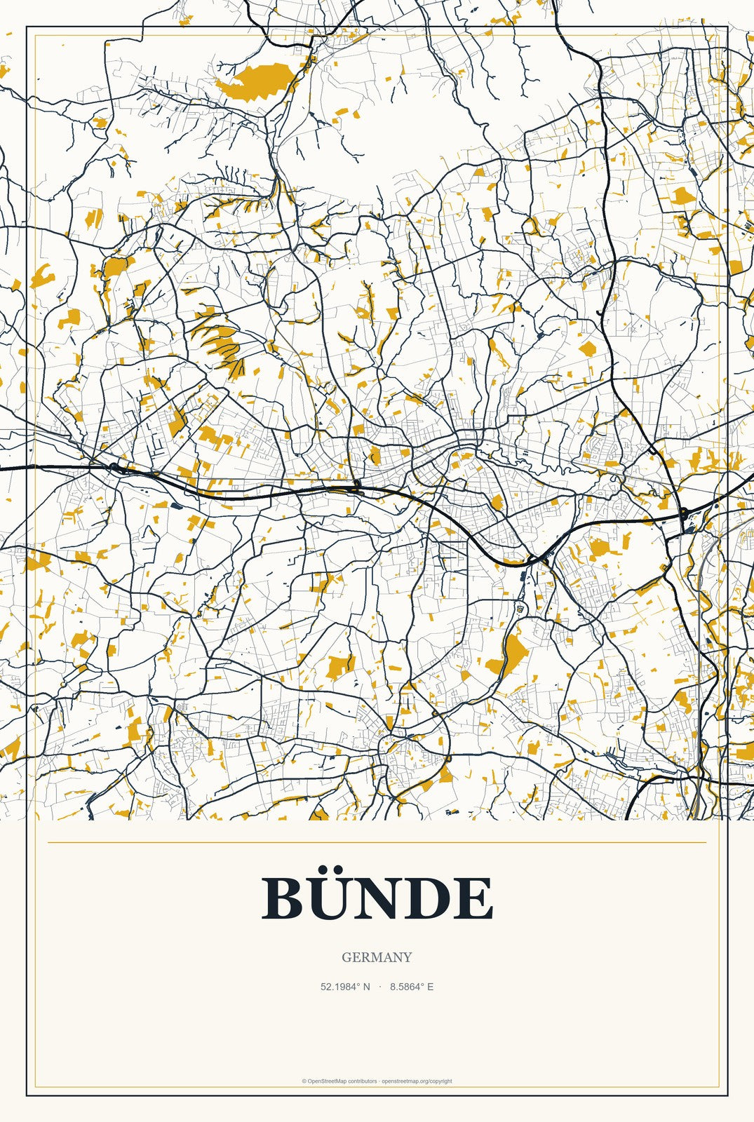 Bünde, Germany City Map Aluminum Sign in Citrine Modern style
