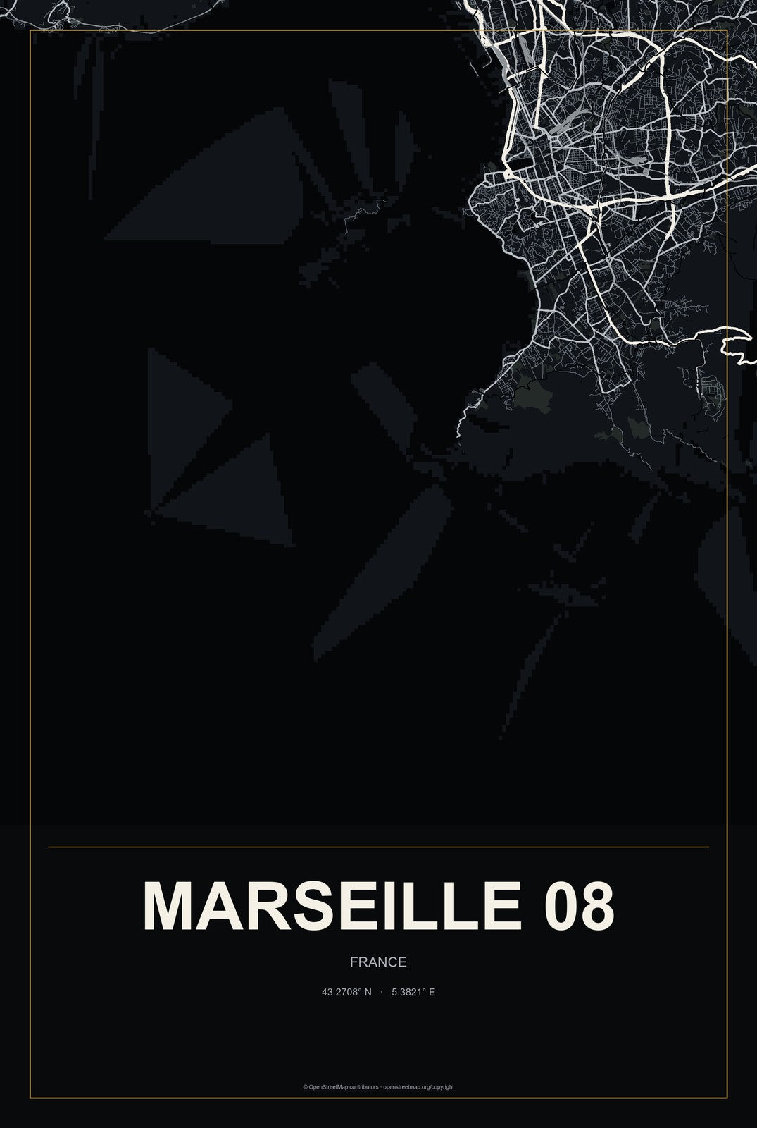 Marseille 08, France City Map Aluminum Sign in Metropolitan Noir style