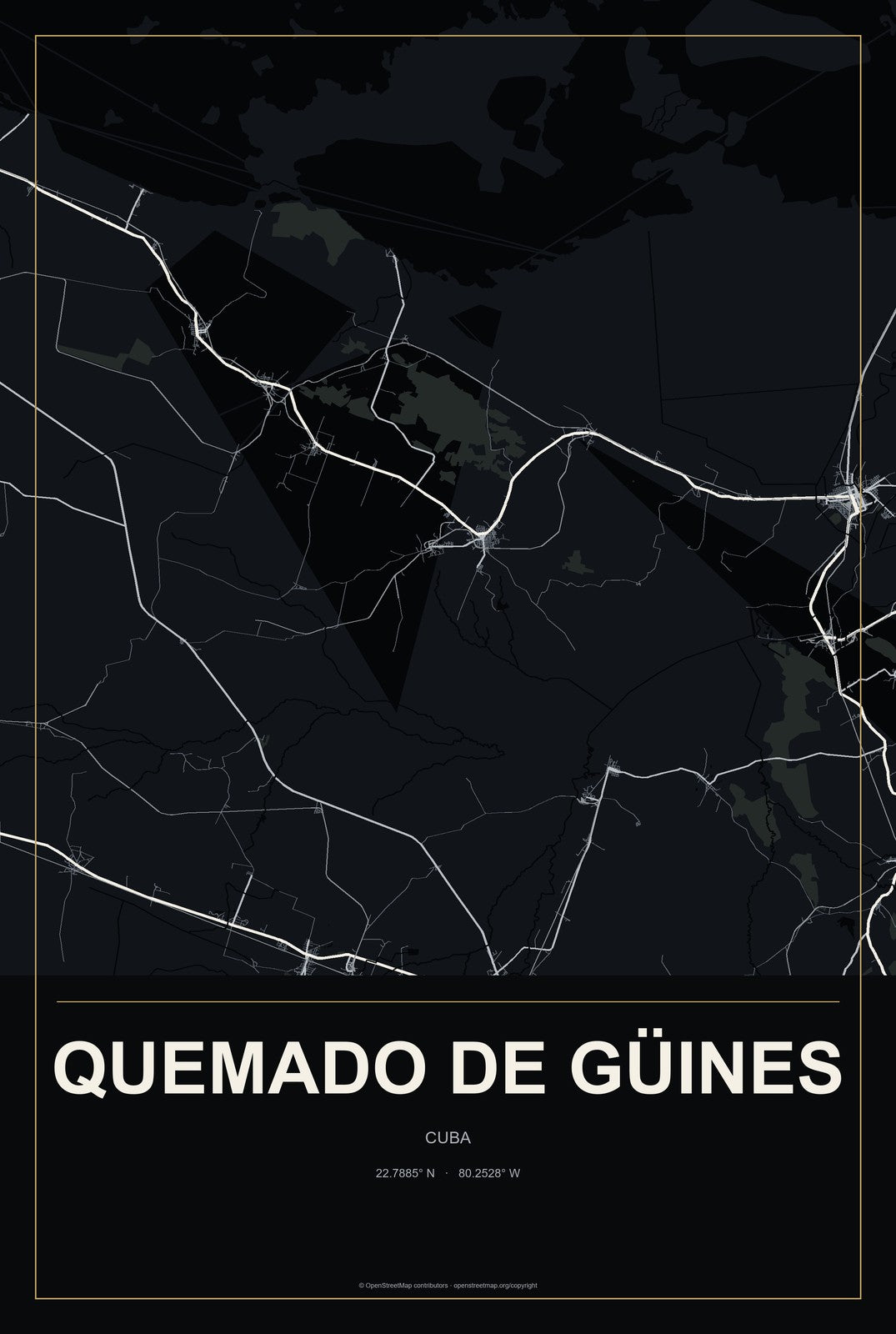 Quemado de Güines, Cuba City Map Aluminum Sign in Metropolitan Noir style