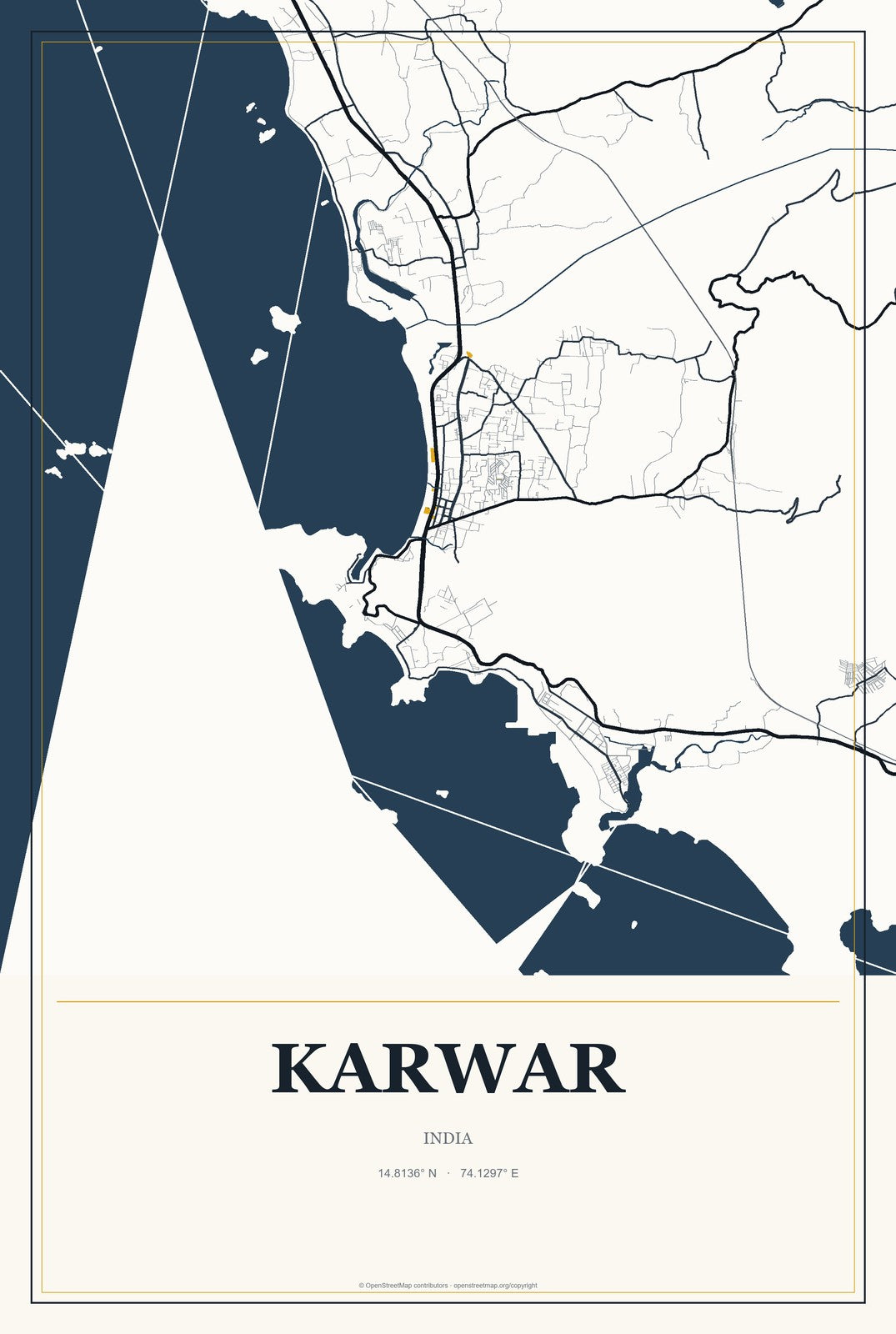 Karwar, India City Map Aluminum Sign in Citrine Modern style