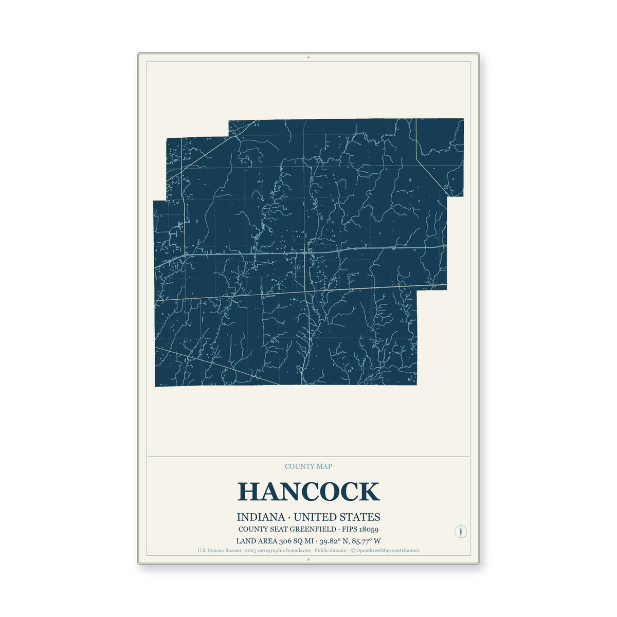Hancock County, Indiana Map Aluminum Sign in Coastal Cutout style