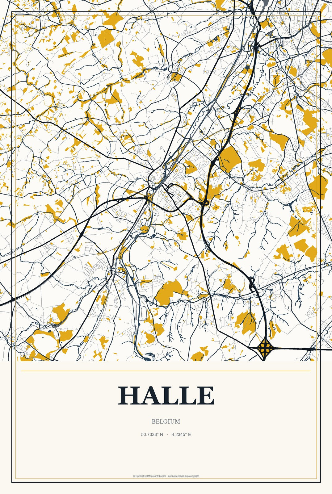 Halle, Belgium City Map Aluminum Sign in Citrine Modern style