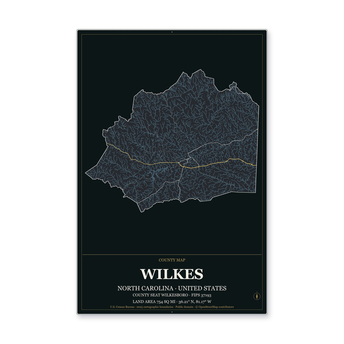 Wilkes County, North Carolina Map Aluminum Sign in Metropolitan Noir style