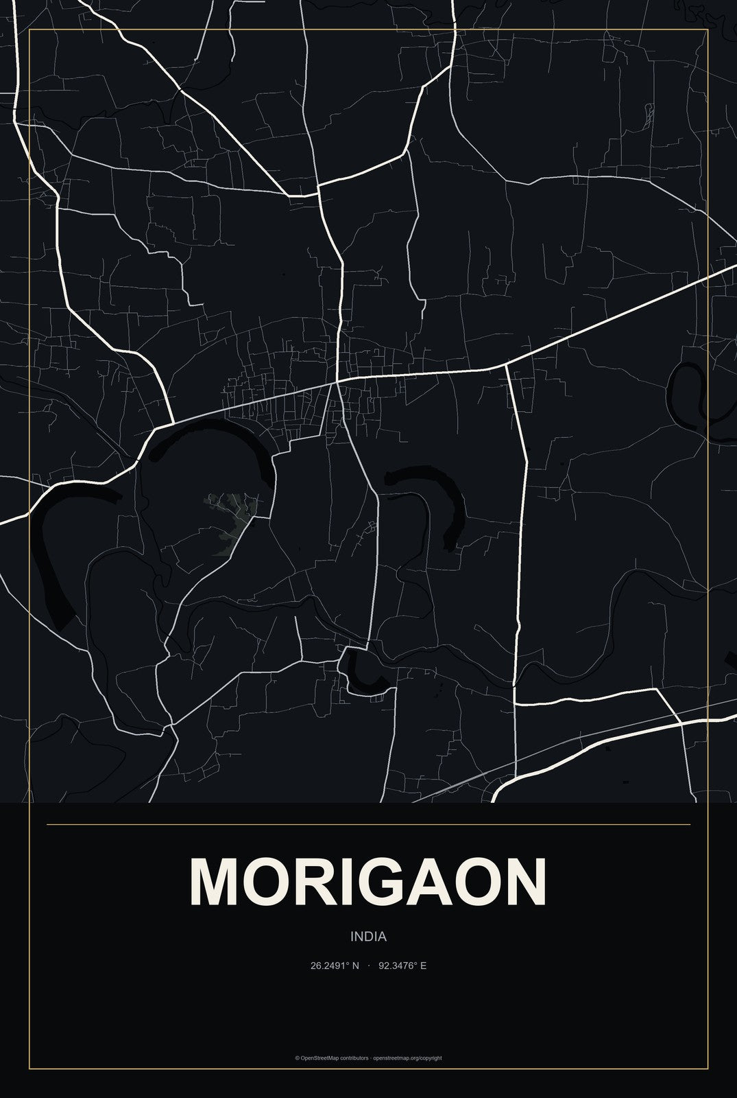 Morigaon, India City Map Aluminum Sign in Metropolitan Noir style