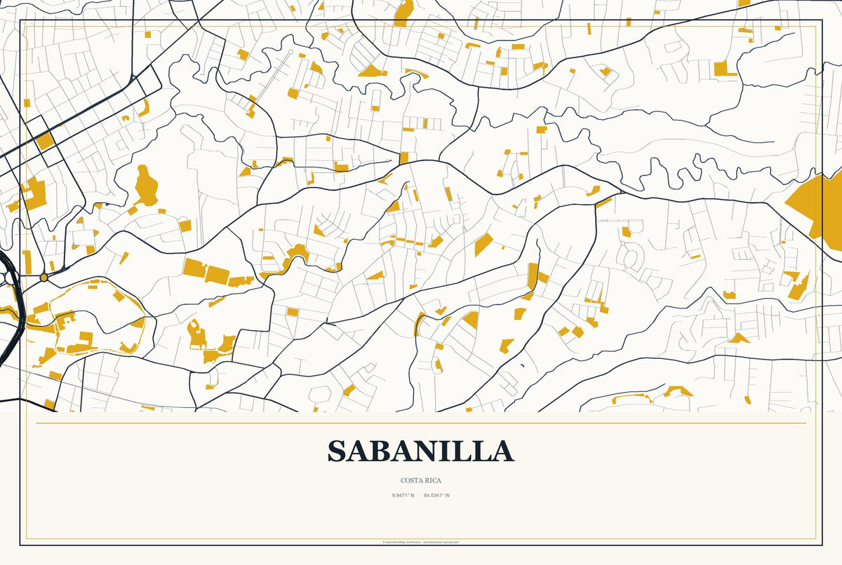 Sabanilla, Costa Rica City Map Aluminum Sign in Citrine Modern style
