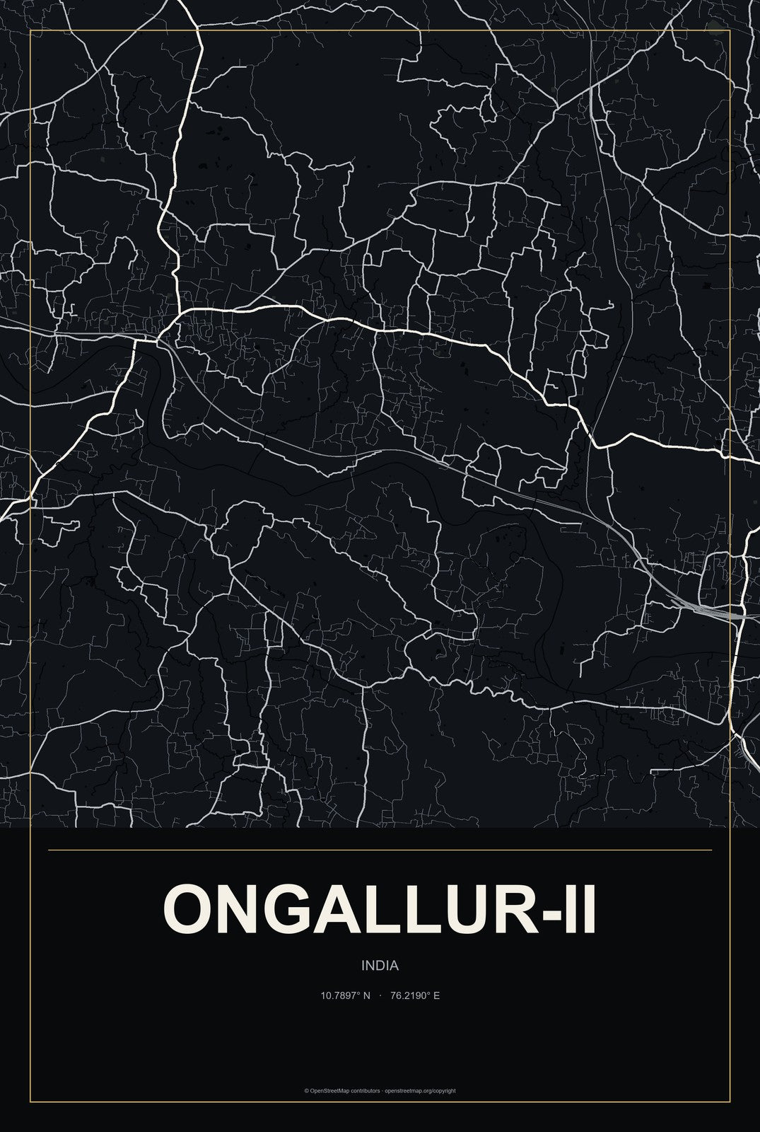 Ongallur-II, India City Map Aluminum Sign in Metropolitan Noir style