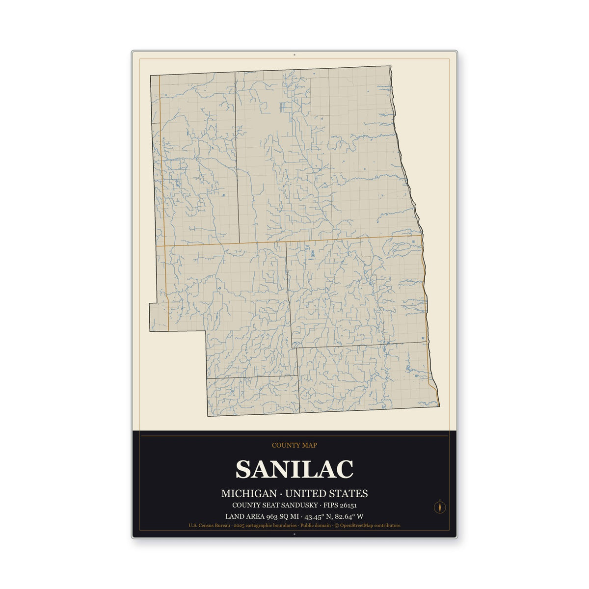 Sanilac County, Michigan Map Aluminum Sign in Museum Plaque style