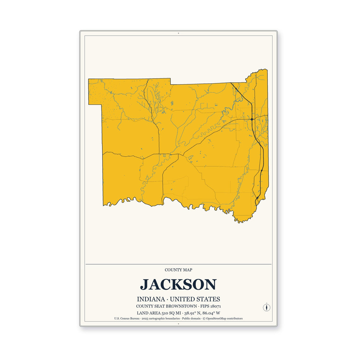 Jackson County, Indiana Map Aluminum Sign in Citrine Modern style