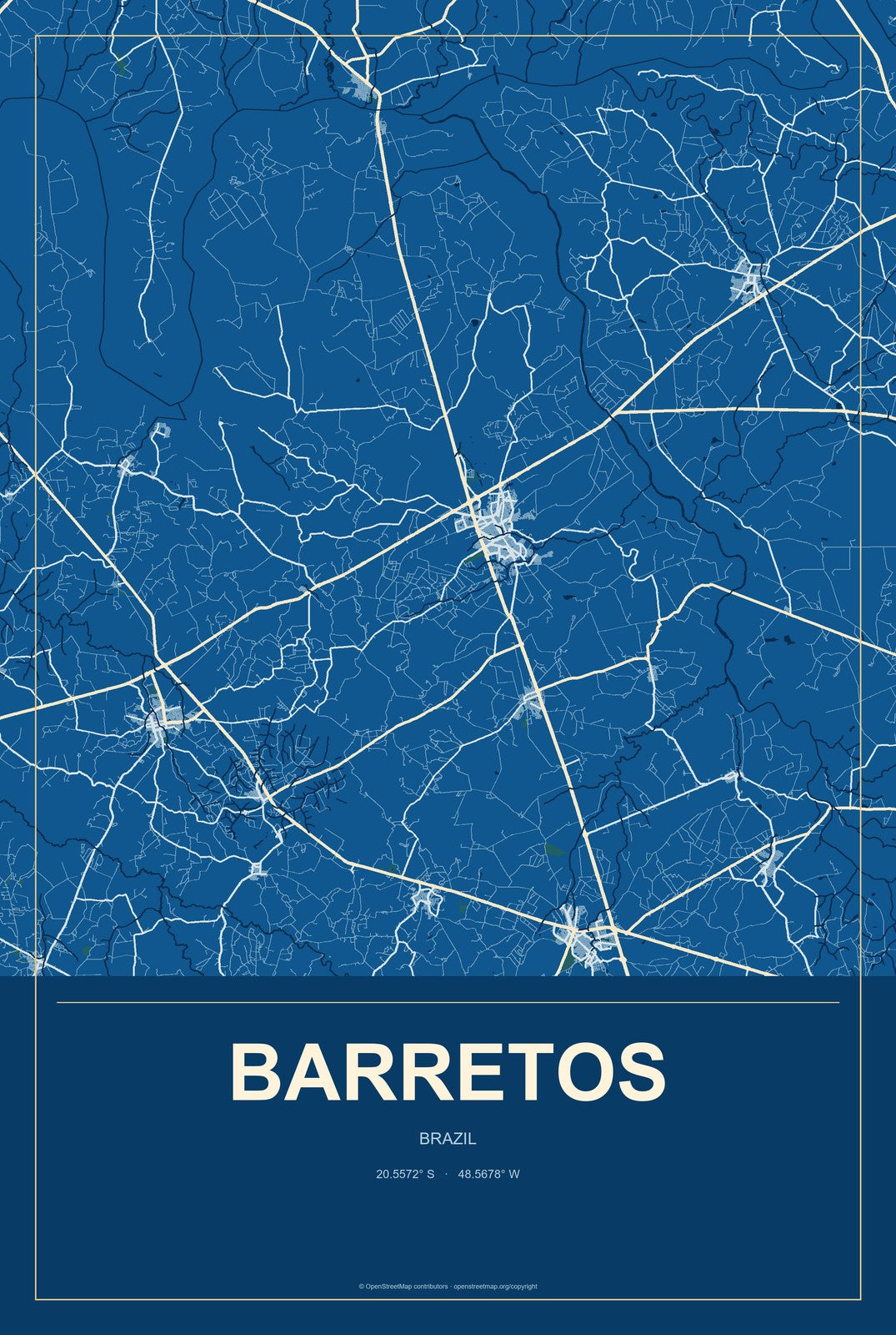 Barretos, Brazil City Map Aluminum Sign in Harbor Cobalt style