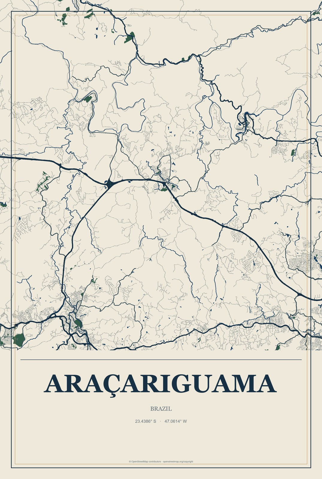 Araçariguama, Brazil City Map Aluminum Sign in Coastal Cutout style